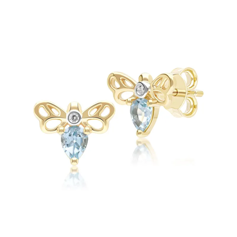 Honeycomb Art Nouveau Pear Shape Topaz and Diamond Bee Stud Earrings in 9ct Yellow Gold sold by Gemondo Jewellery