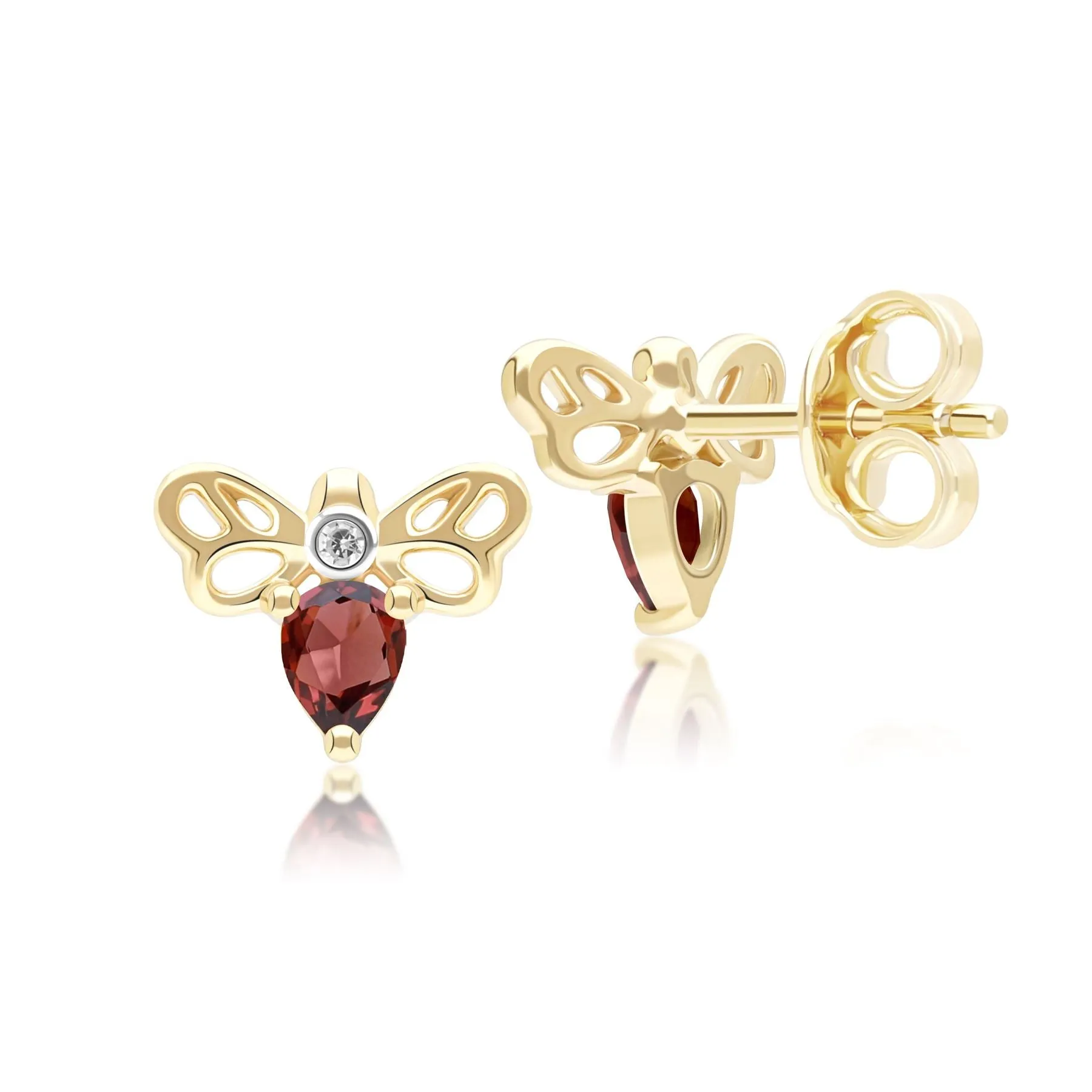 Honeycomb Art Nouveau Pear Shape Garnet and Diamond Bee Stud Earrings in 9ct Yellow Gold sold by Gemondo Jewellery product image thumbnail 2