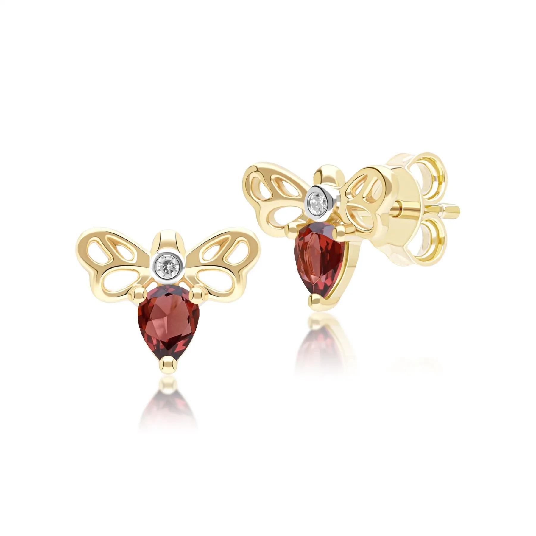 Honeycomb Art Nouveau Pear Shape Garnet and Diamond Bee Stud Earrings in 9ct Yellow Gold sold by Gemondo Jewellery