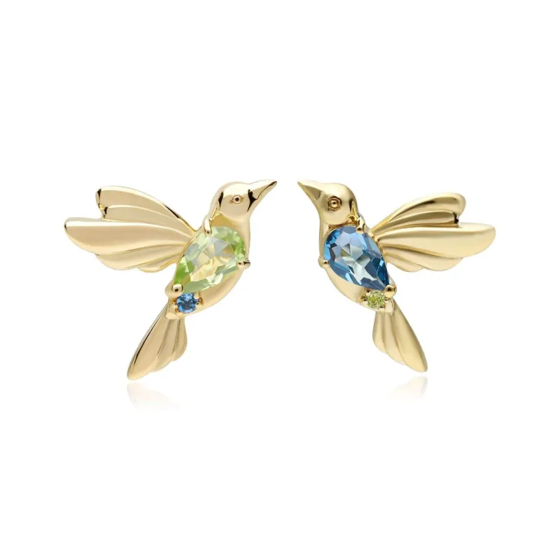 ECFEW™ Peridot and Blue Topaz Hummingbird Stud Earrings in 925 Sterling Silver made by Gemondo Jewellery