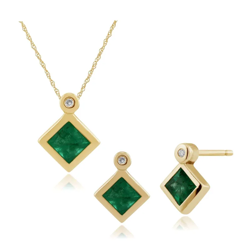 Classic Square Emerald & Diamond Stud Earrings & Pendant Set in 9ct Gold sold by Gemondo Jewellery