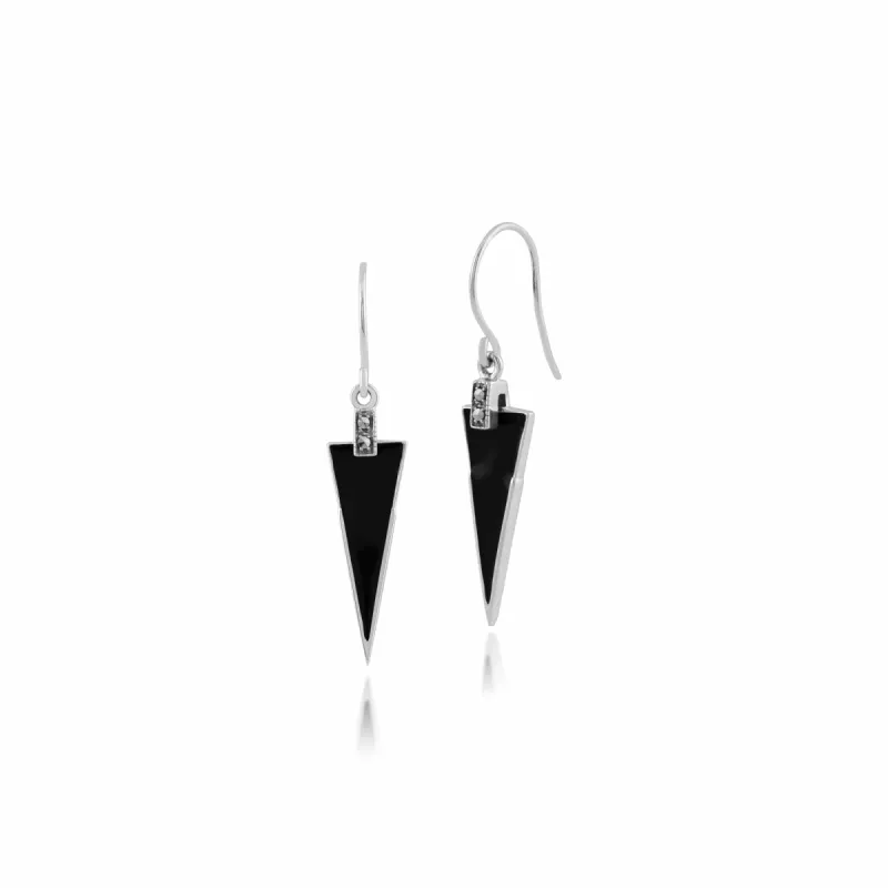 Art Deco Style Black Enamel & Round Marcasite Triangle Drop Earrings in 925 Sterling Silver sold by Gemondo Jewellery