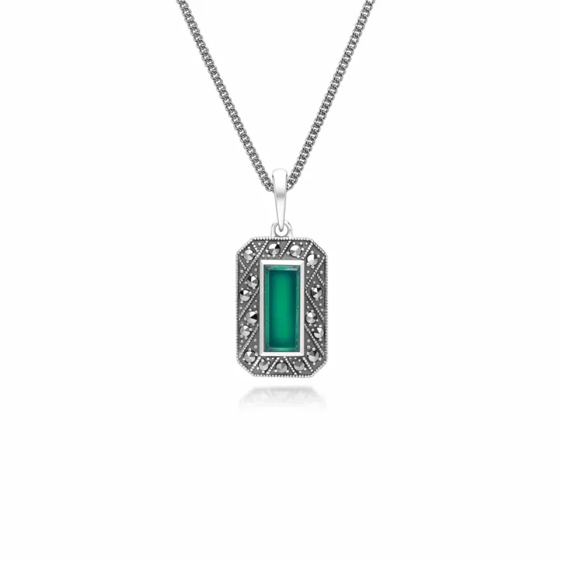 Art Deco Style Rectangle Chalcedony and Marcasite Pendant Necklace in Sterling Silver sold by Gemondo Jewellery