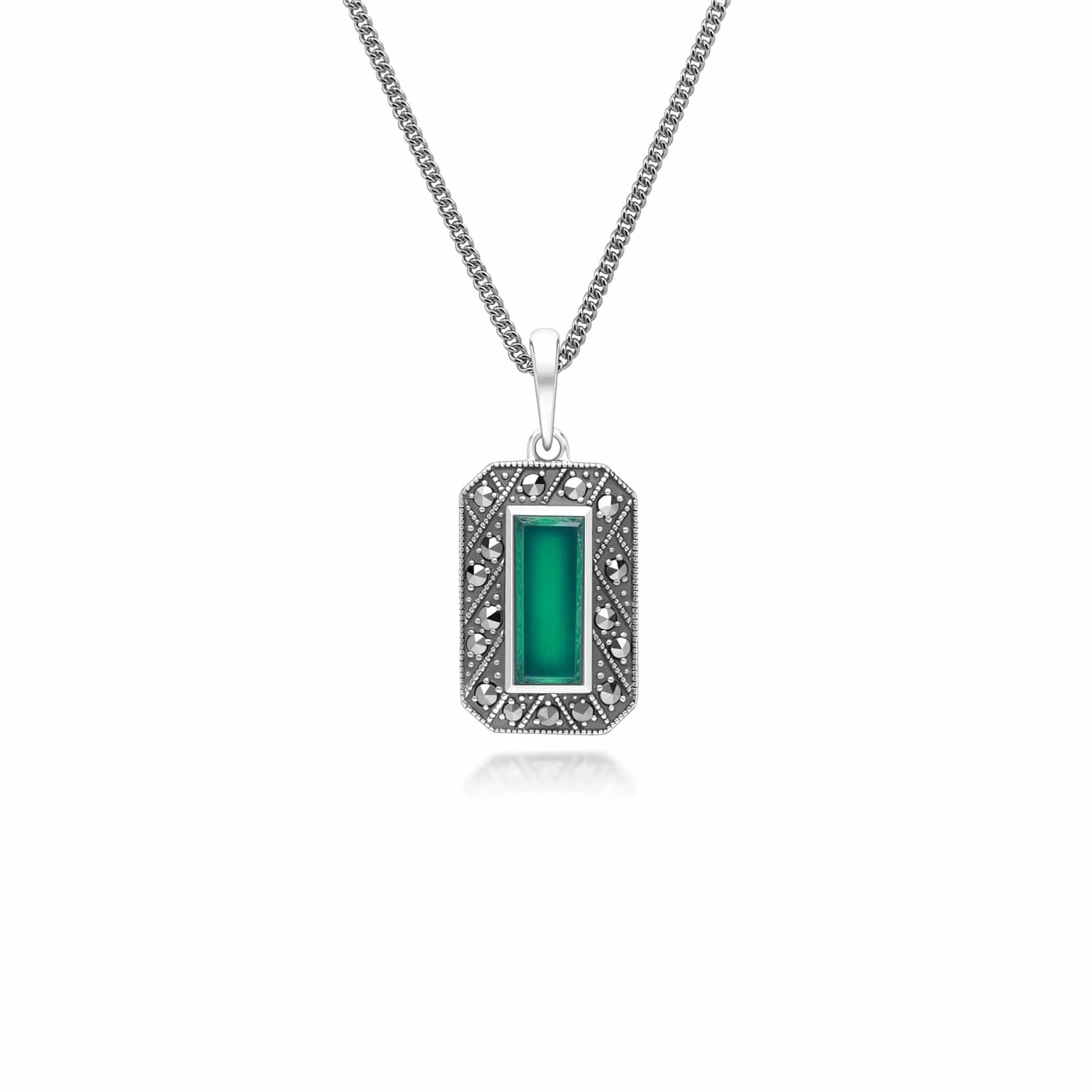 Art Deco Style Rectangle Chalcedony and Marcasite Pendant Necklace in Sterling Silver sold by Gemondo Jewellery