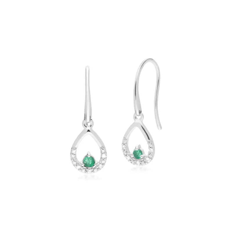 Classic Round Emerald & Diamond Tear Drop Earrings in 9ct White Gold sold by Gemondo Jewellery