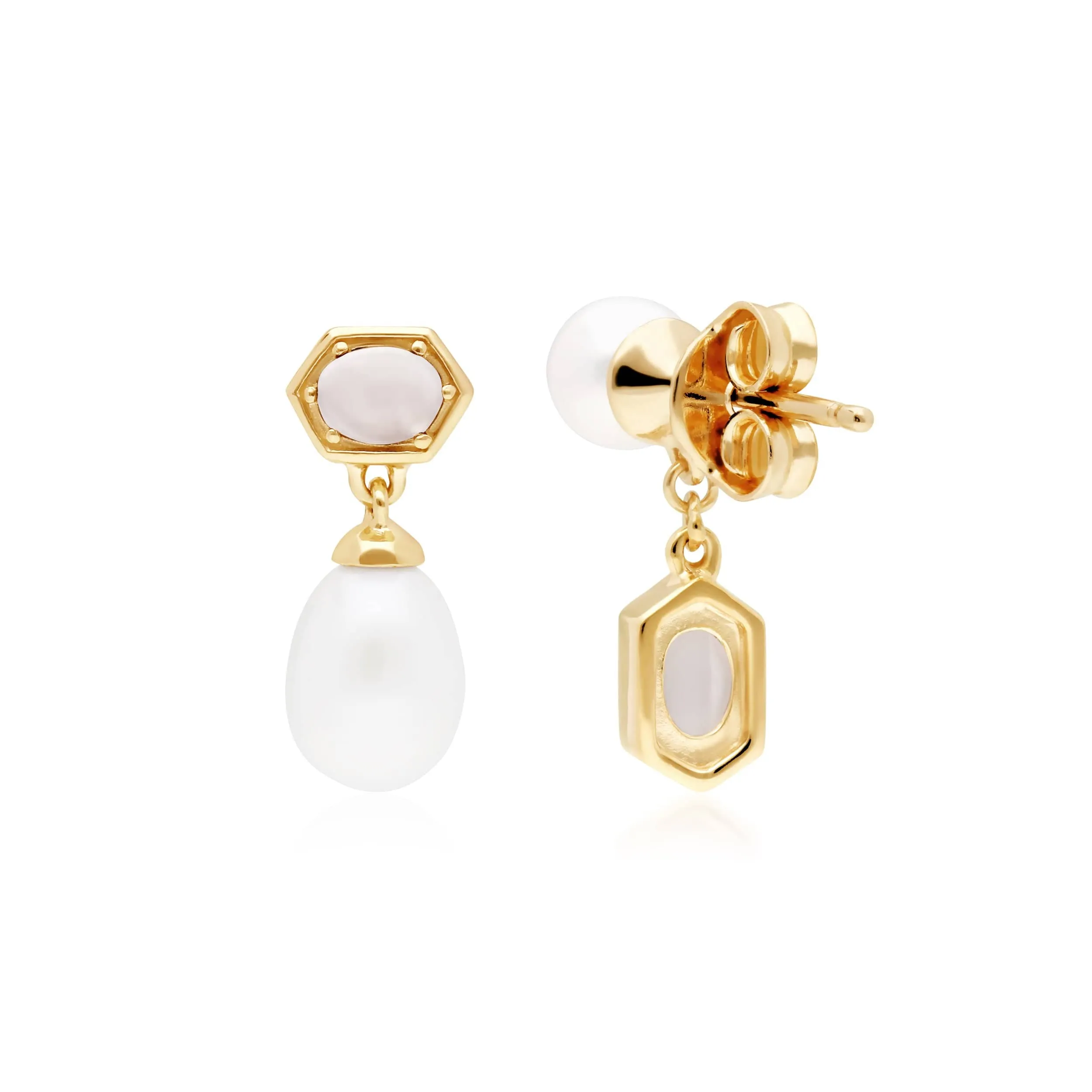 Modern Pearl & Moonstone Mismatched Drop Earrings in Gold Plated Silver sold by Gemondo Jewellery product image thumbnail 3