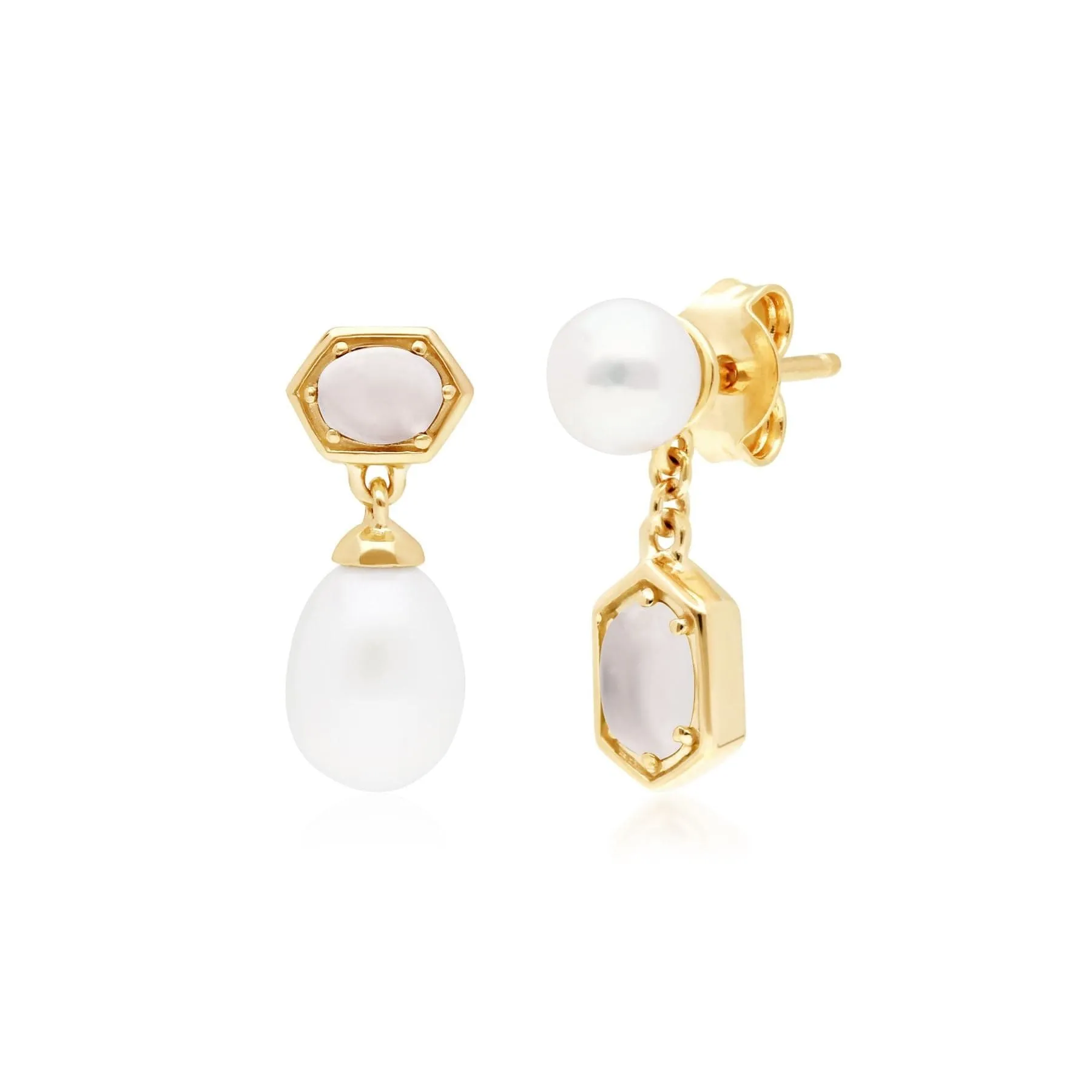 Modern Pearl & Moonstone Mismatched Drop Earrings in Gold Plated Silver sold by Gemondo Jewellery