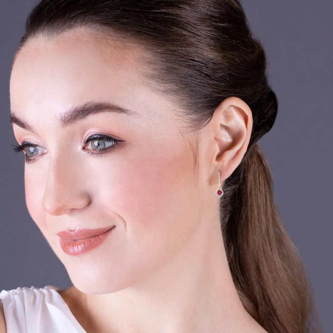 Classic Pear Ruby & Diamond Leaf Halo Drop Earrings in 9ct Yellow Gold sold by Gemondo Jewellery product image thumbnail 2