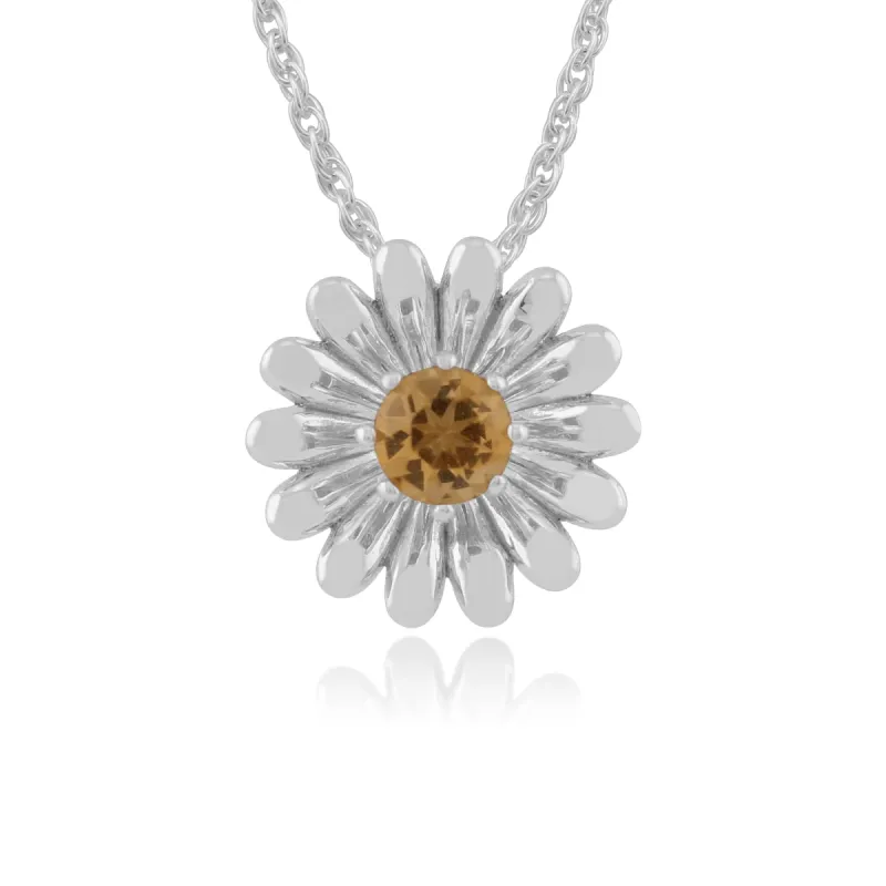 Floral Round Citrine Daisy Flower Single Stone Pendant in 925 Sterling Silver sold by Gemondo Jewellery