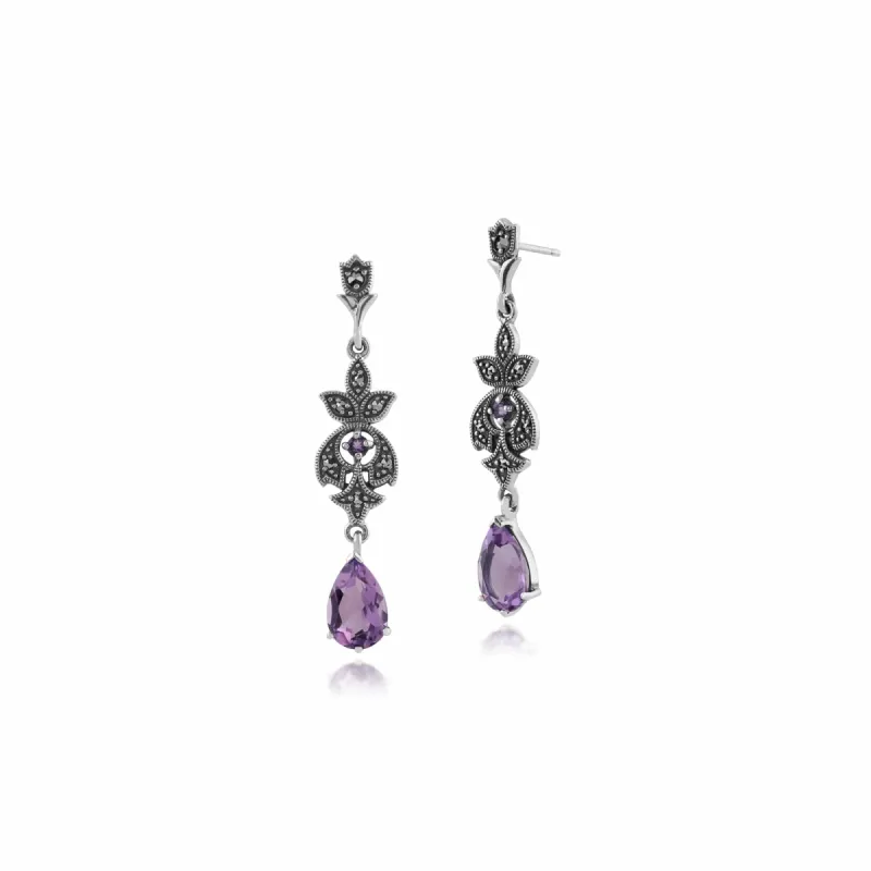 Art Nouveau Style Pear Amethyst & Round Marcasite Drop Earrings in 925 Sterling Silver sold by Gemondo Jewellery
