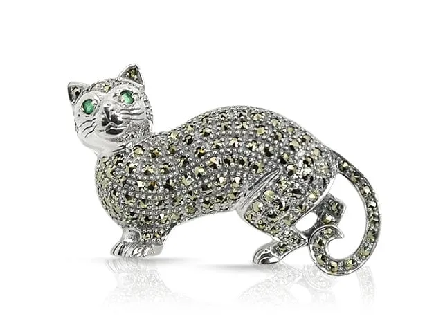 Art Nouveau Style Emerald & Marcasite Fat Cat Brooch in 925 Sterling Silver sold by Gemondo Jewellery