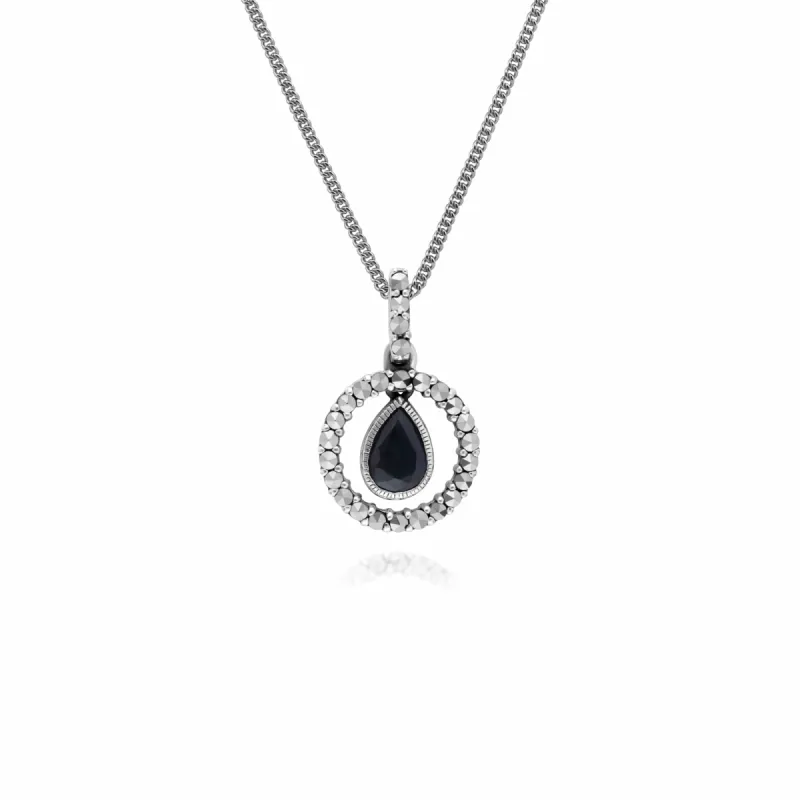 Classic Pear Sapphire & Marcasite Halo Pendant in 925 Sterling Silver sold by Gemondo Jewellery
