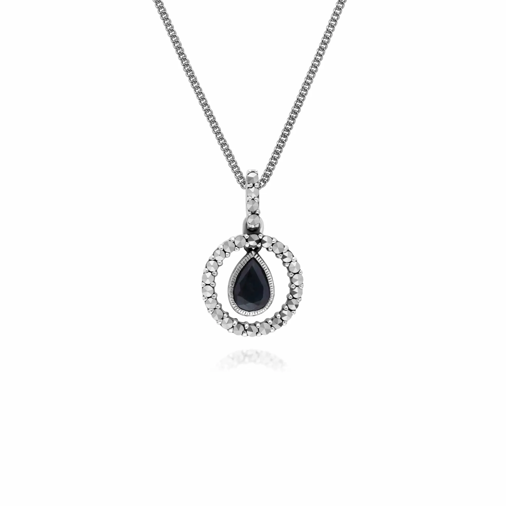 Classic Pear Sapphire & Marcasite Halo Pendant in 925 Sterling Silver sold by Gemondo Jewellery