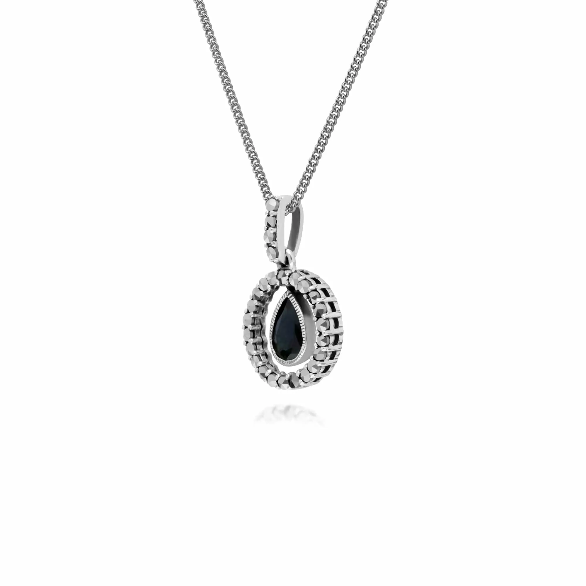 Classic Pear Sapphire & Marcasite Halo Pendant in 925 Sterling Silver sold by Gemondo Jewellery product image thumbnail 2