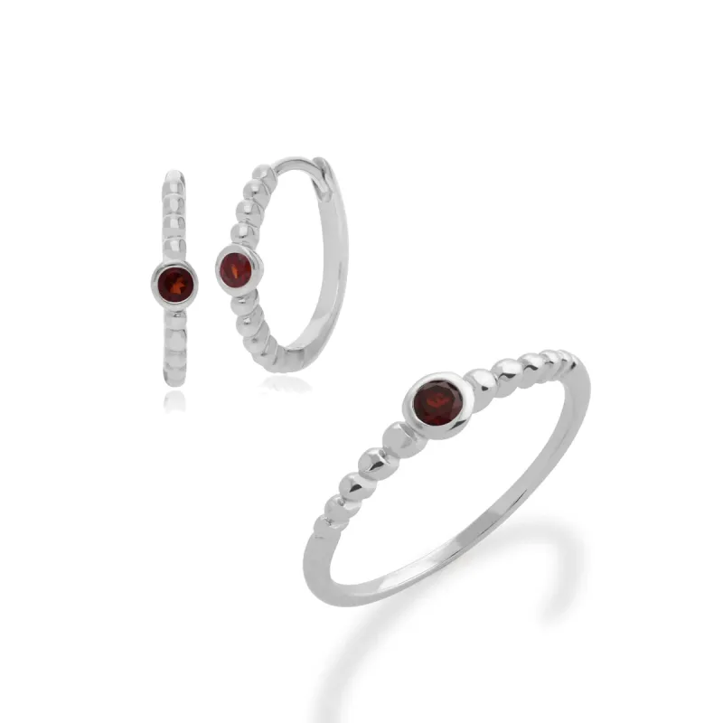 Essential Round Garnet Hoop Earrings & Ring Set in 925 Sterling Silver sold by Gemondo Jewellery