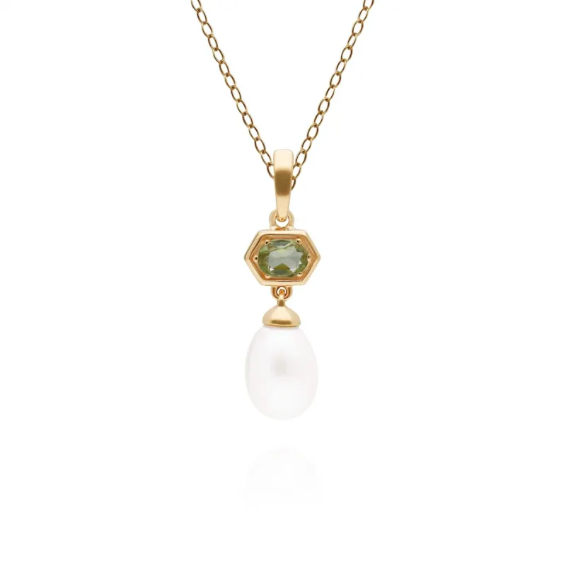Modern Pearl & Peridot Hexagon Drop Pendant in Gold Plated Silver sold by Gemondo Jewellery
