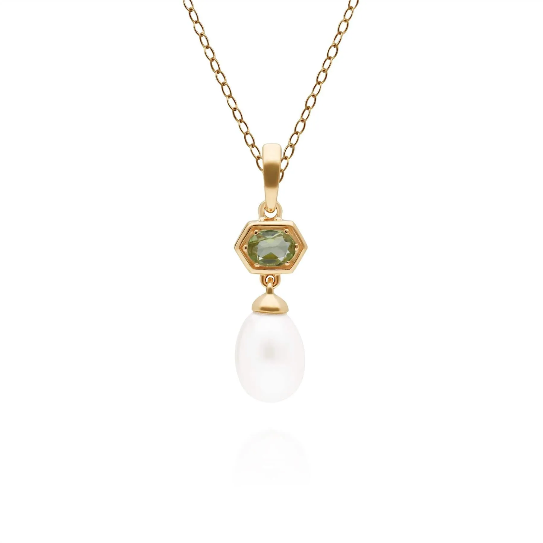 Modern Pearl & Peridot Hexagon Drop Pendant in Gold Plated Silver sold by Gemondo Jewellery
