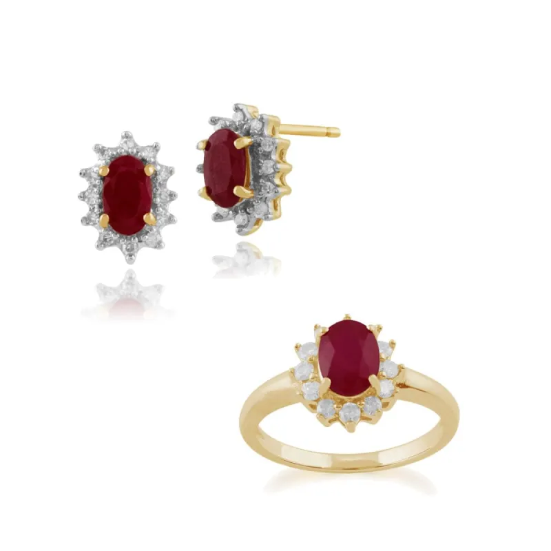 Classic Oval Ruby & Diamond Halo Cluster 9ct Gold Stud Earrings & Ring Set sold by Gemondo Jewellery