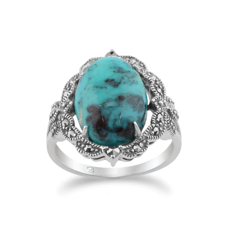 Art Nouveau Style Turquoise & Marcasite Cocktail Ring In Sterling Silver sold by Gemondo Jewellery