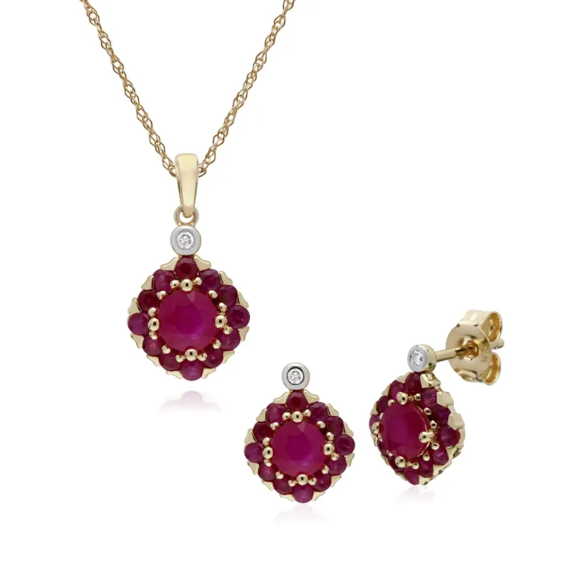 Classic Round Ruby & Diamond Square Cluster Stud Earrings & Pendant Set in 9ct Yellow Gold sold by Gemondo Jewellery