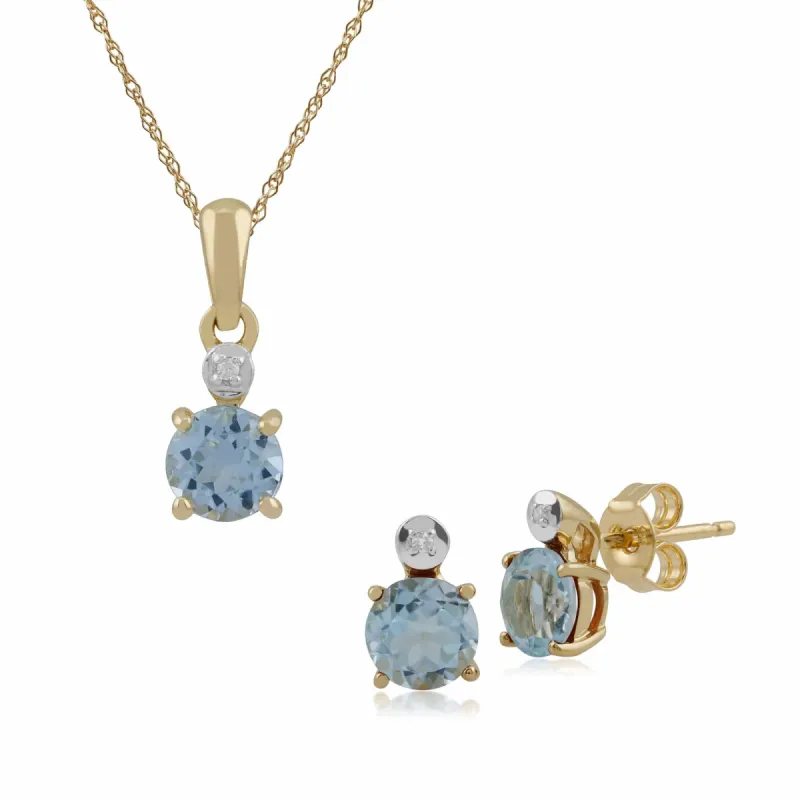 Classic Round Blue Topaz & Diamond Stud Earrings & Pendant Set in 9ct Yellow Gold sold by Gemondo Jewellery