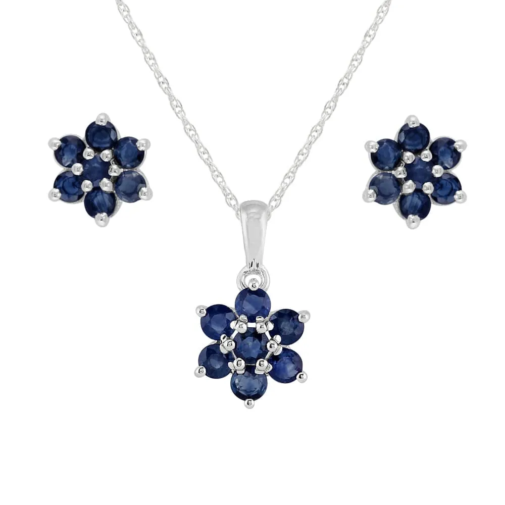 Floral Round Sapphire Flower Cluster Stud Earrings & Pendant Set in 925 Sterling Silver sold by Gemondo Jewellery