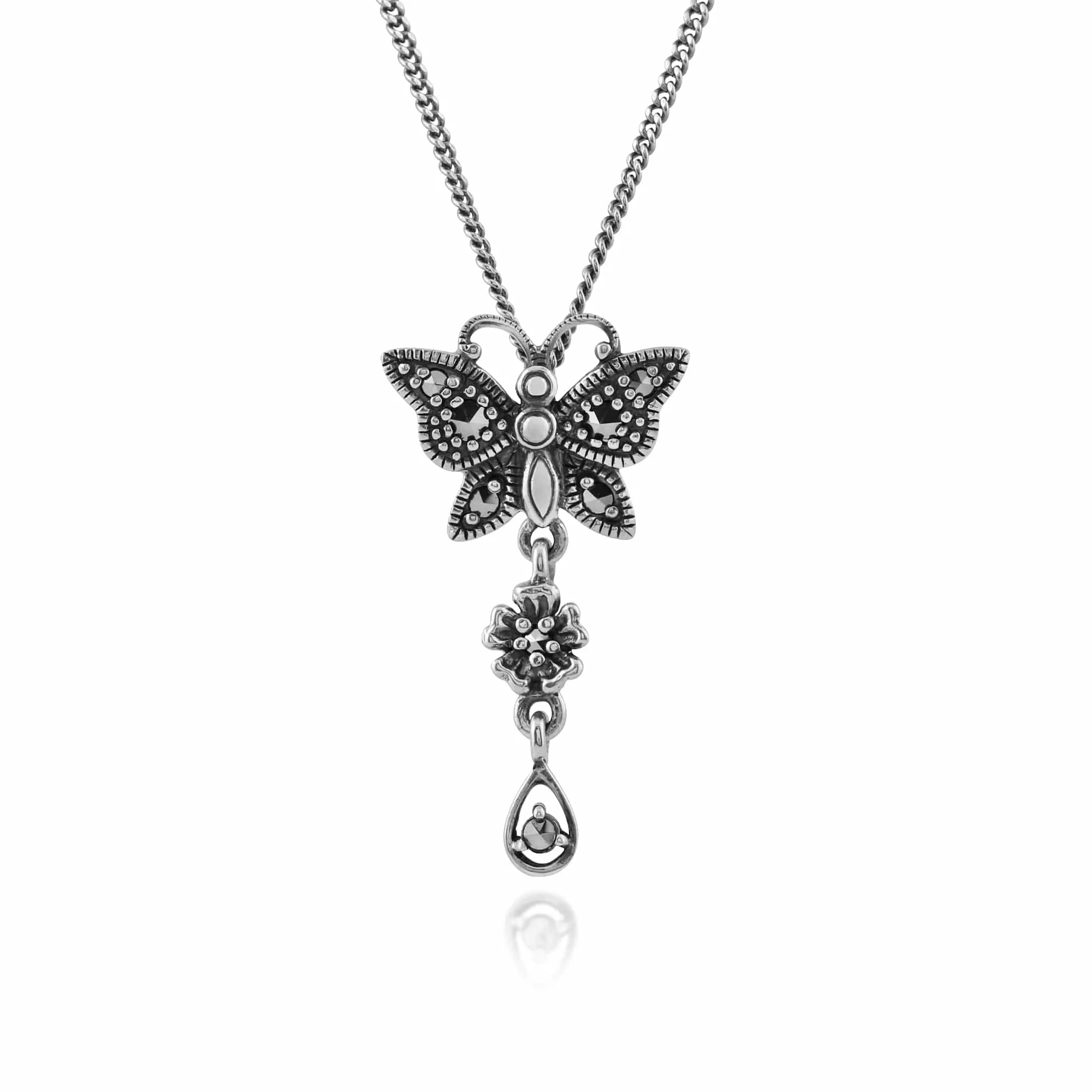 Art Nouveau Style Round Marcasite Butterfly Pendant in 925 Sterling Silver sold by Gemondo Jewellery