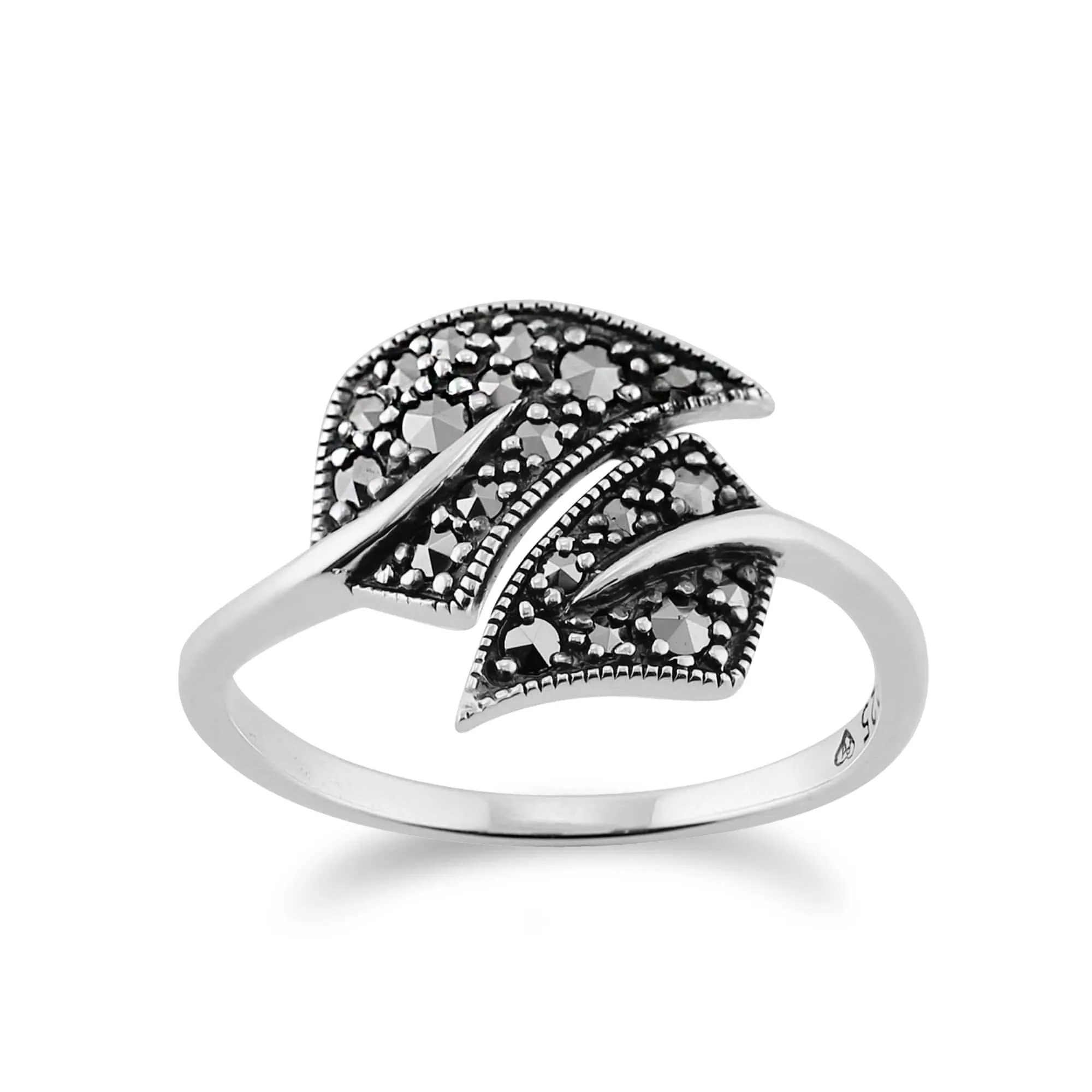 Art Nouveau Style Round Marcasite Leaf Ring in 925 Sterling Silver sold by Gemondo Jewellery