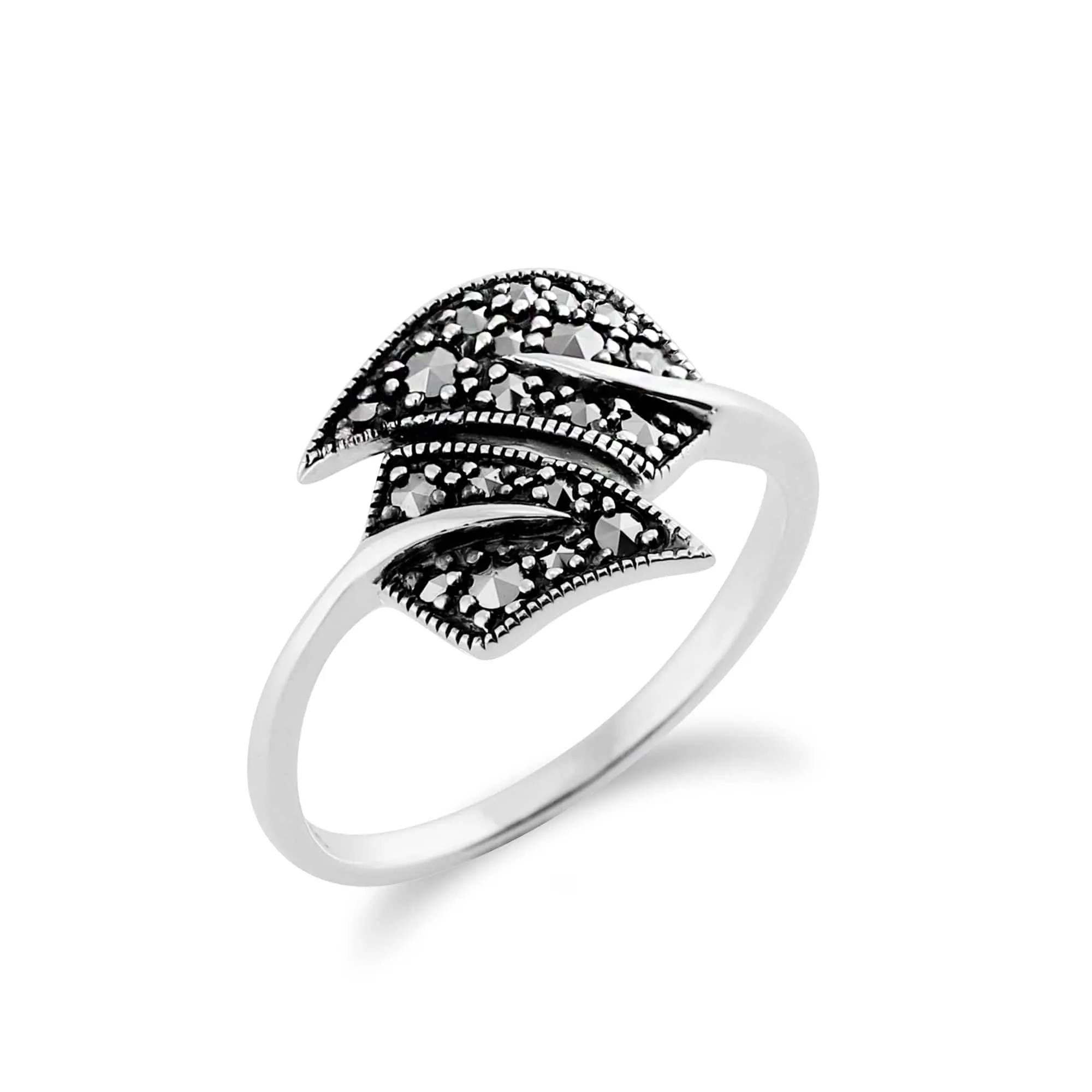Art Nouveau Style Round Marcasite Leaf Ring in 925 Sterling Silver sold by Gemondo Jewellery product image thumbnail 2