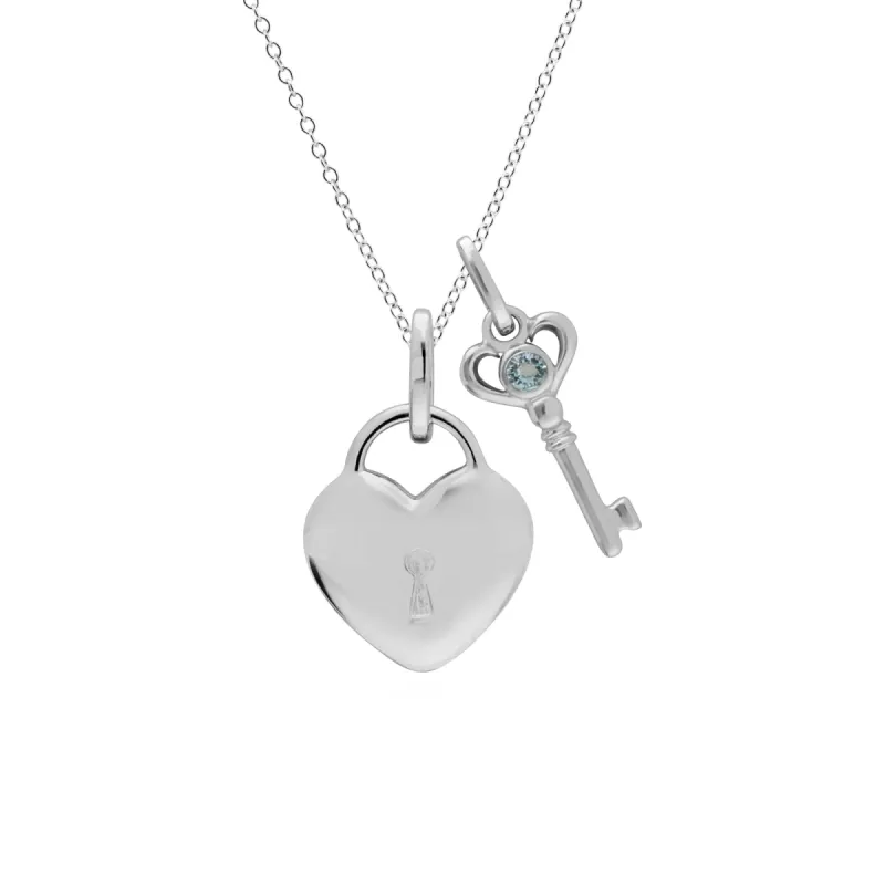 Classic Heart Lock Pendant & Aquamarine Key Charm in 925 Sterling Silver sold by Gemondo Jewellery