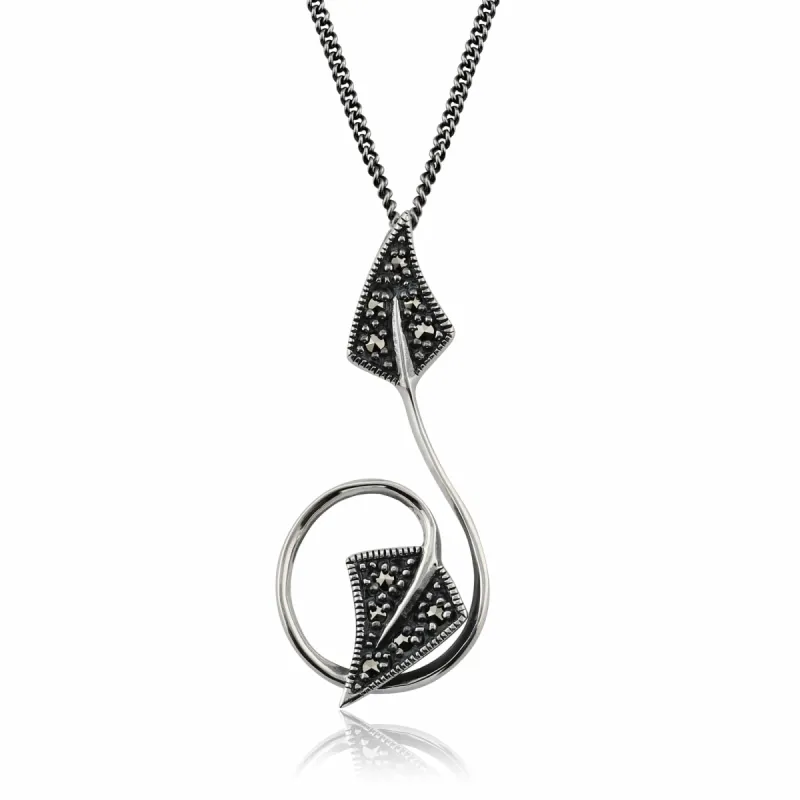 Art Nouveau Style Round Marcasite Leaf Pendant in 925 Sterling Silver sold by Gemondo Jewellery