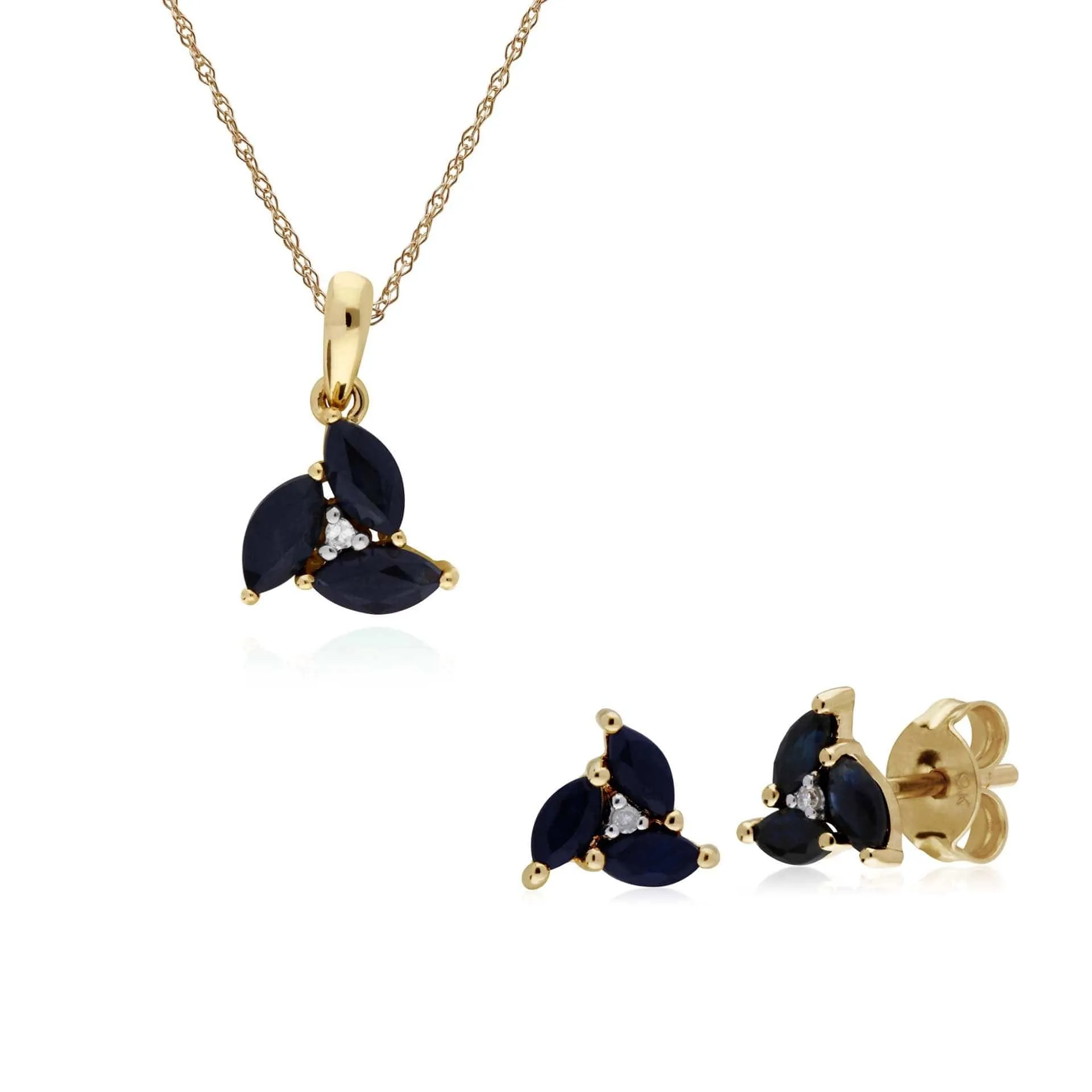 Classic Round Sapphire Marquise Cluster Stud Earrings & Necklace Set in 9ct Yellow Gold sold by Gemondo Jewellery
