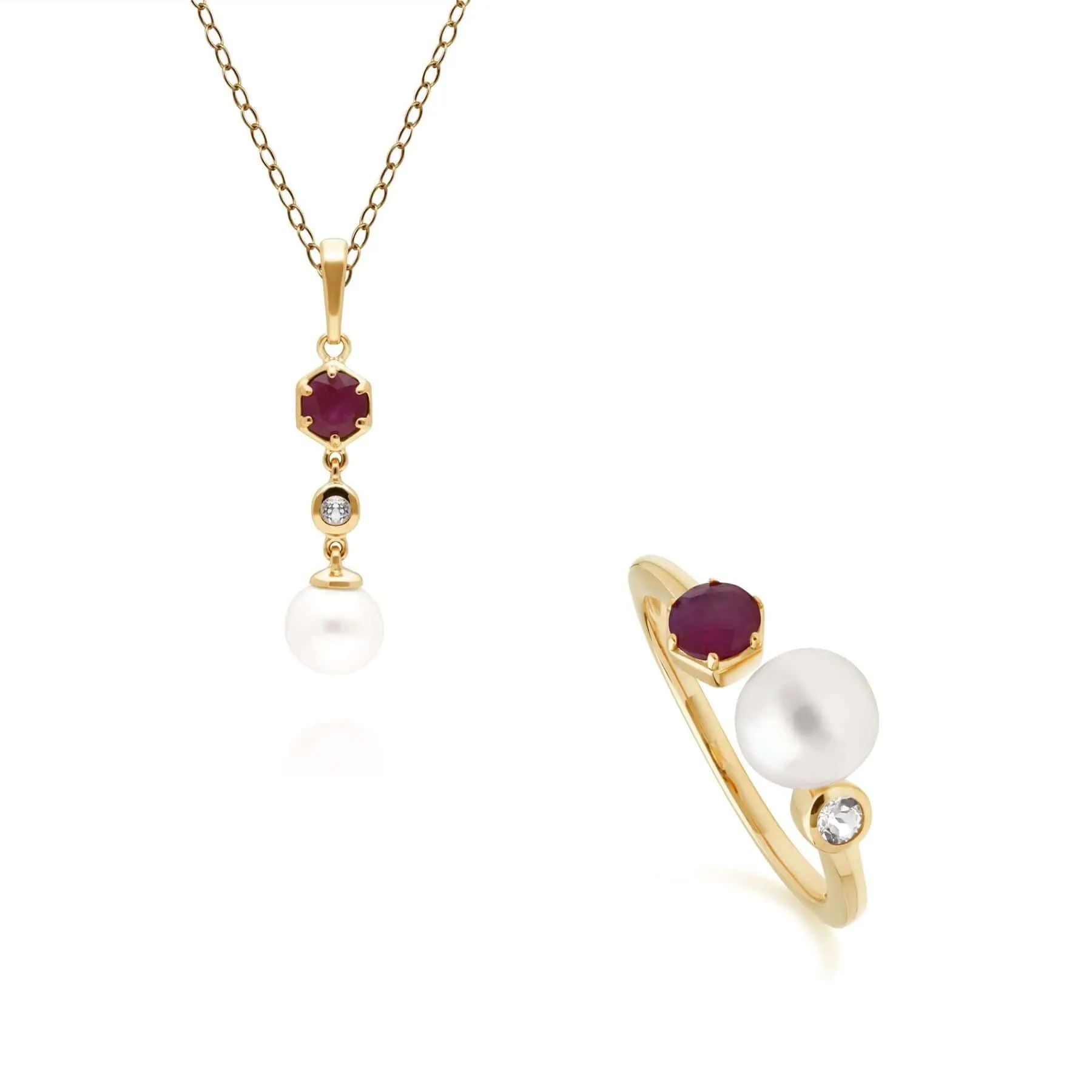 Modern Pearl, Topaz & Ruby Pendants & Ring Set in Gold Plated Silver sold by Gemondo Jewellery