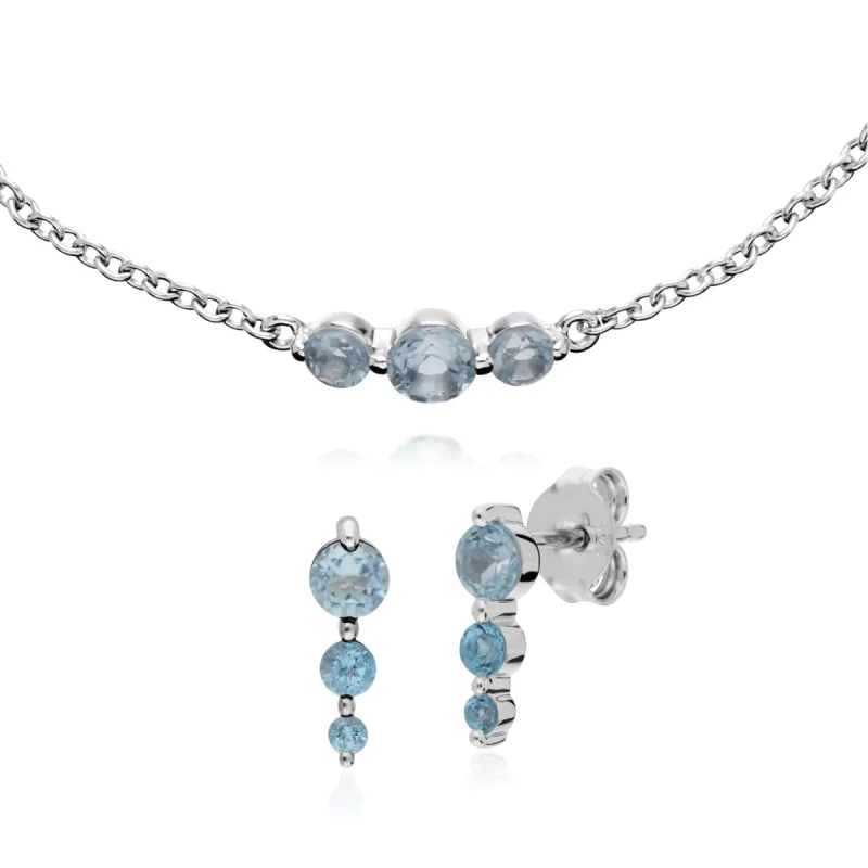 Classic Round Blue Topaz Three Stone Gradient Earrings & Bracelet Set in 925 Sterling Silver sold by Gemondo Jewellery