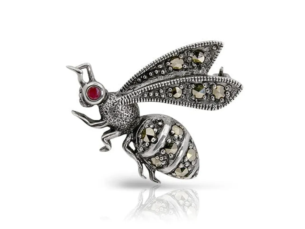 Art Nouveau Style Round Marcasite & Ruby Wasp Brooch in 925 Sterling Silver sold by Gemondo Jewellery