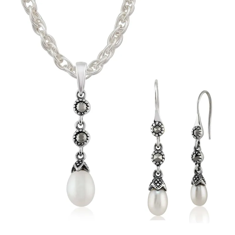 Art Deco Style Style Round Pearl & Marcasite Drop Earrings & Pendant Set in 925 Sterling Silver sold by Gemondo Jewellery