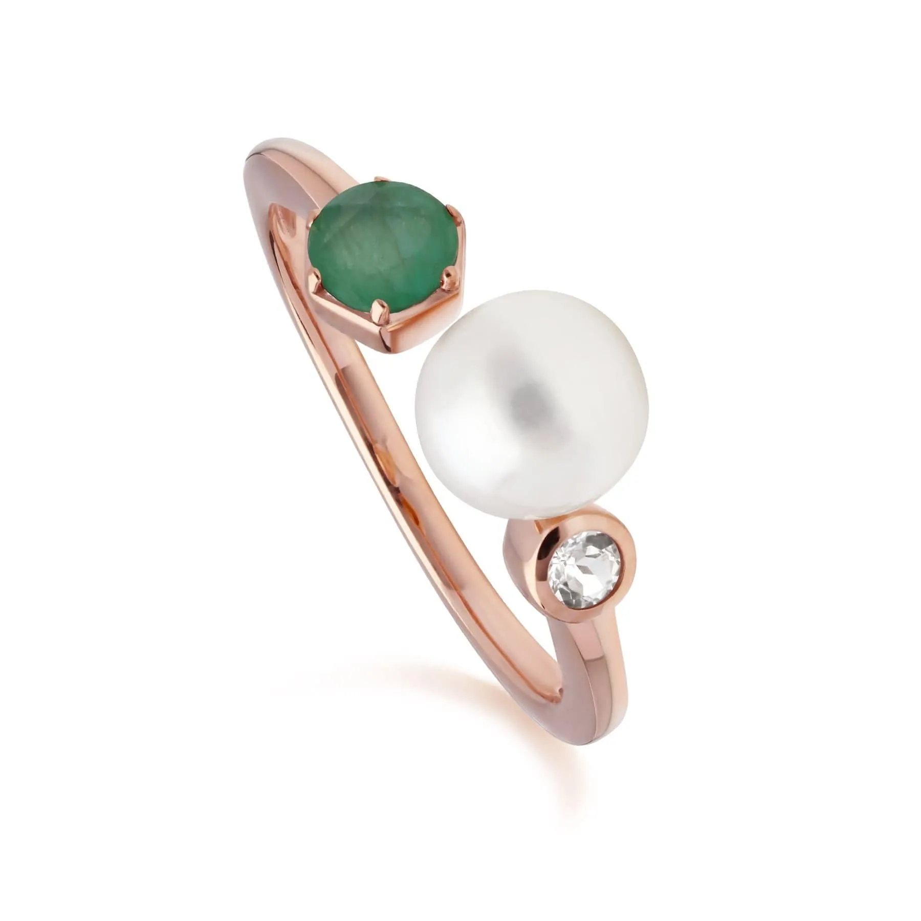 Modern Pearl, Emerald & Topaz Open Ring in Rose Gold Plated Silver sold by Gemondo Jewellery