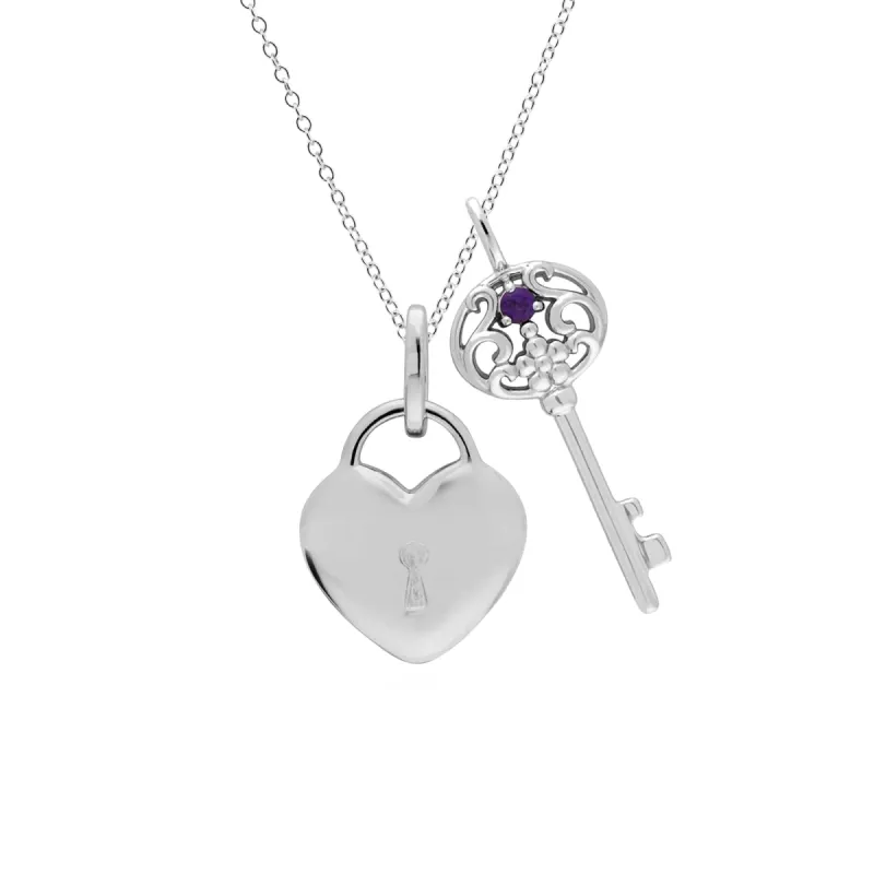 Classic Heart Lock Pendant & Amethyst Big Key Charm in 925 Sterling Silver sold by Gemondo Jewellery