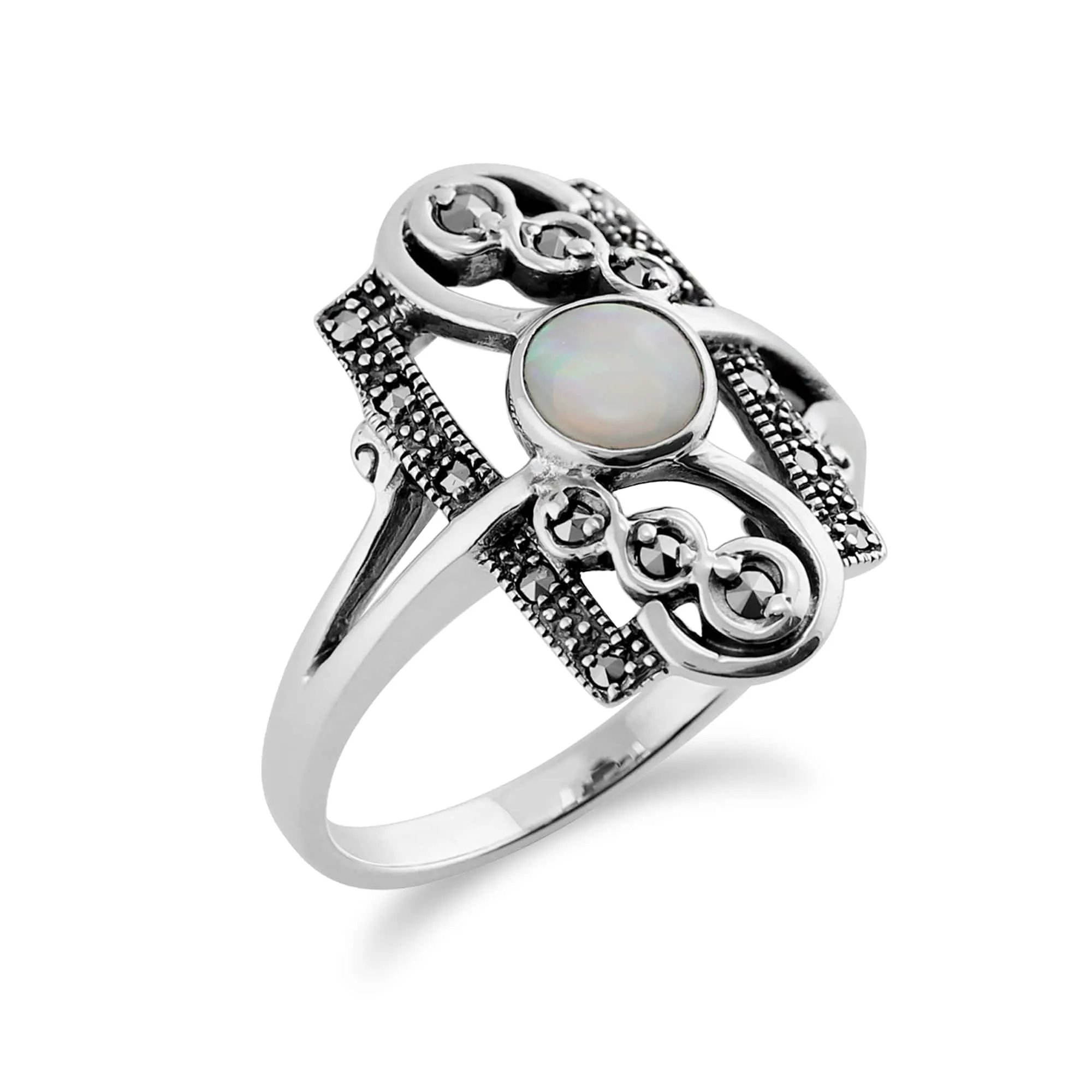 Art Nouveau Style Round Opal & Marcasite Spiral Frame Silver Ring sold by Gemondo Jewellery product image thumbnail 3