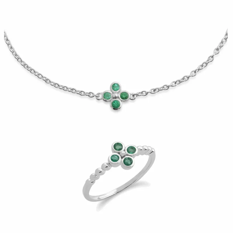Floral Round Emerald Clover Bracelet & Ring Set in 925 Sterling Silver sold by Gemondo Jewellery