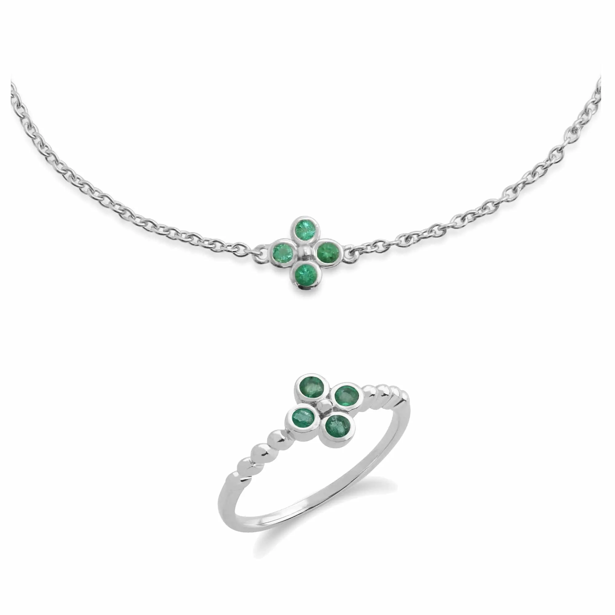 Floral Round Emerald Clover Bracelet & Ring Set in 925 Sterling Silver sold by Gemondo Jewellery