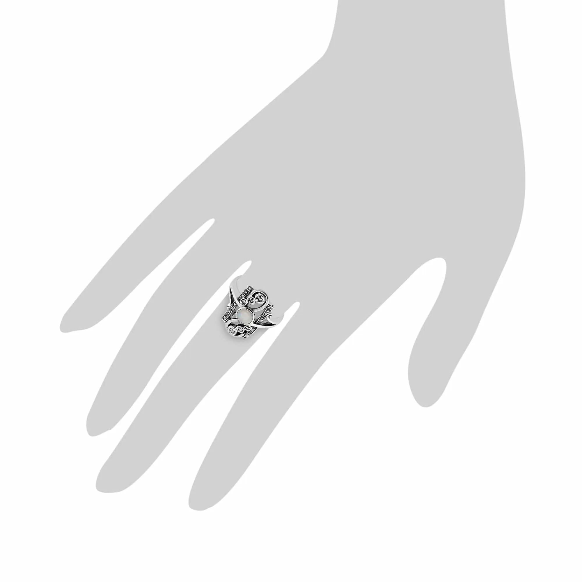 Art Nouveau Style Round Opal & Marcasite Spiral Frame Silver Ring sold by Gemondo Jewellery product image thumbnail 4