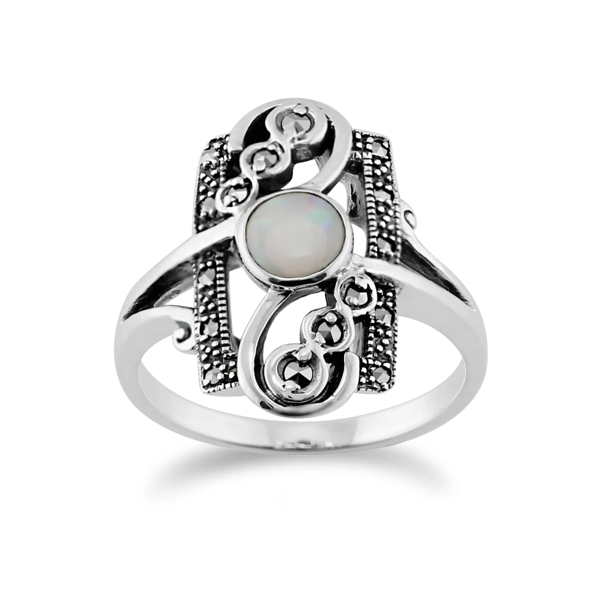 Art Nouveau Style Round Opal & Marcasite Spiral Frame Silver Ring sold by Gemondo Jewellery