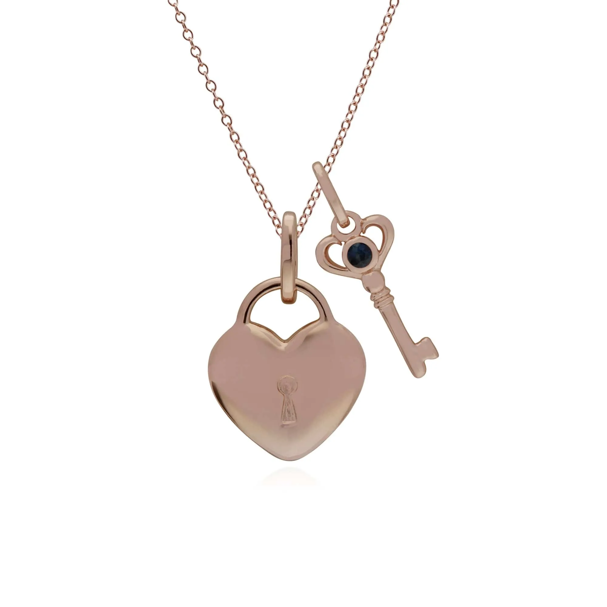 Classic Heart Lock Pendant & Sapphire Key Charm in Rose Gold Plated 925 Sterling Silver sold by Gemondo Jewellery