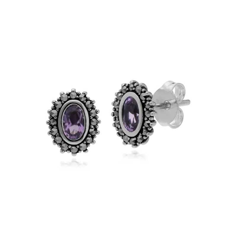 Gemondo Sterling Silver Amethyst & Marcasite February Art Nouveau Stud Earrings sold by Gemondo Jewellery
