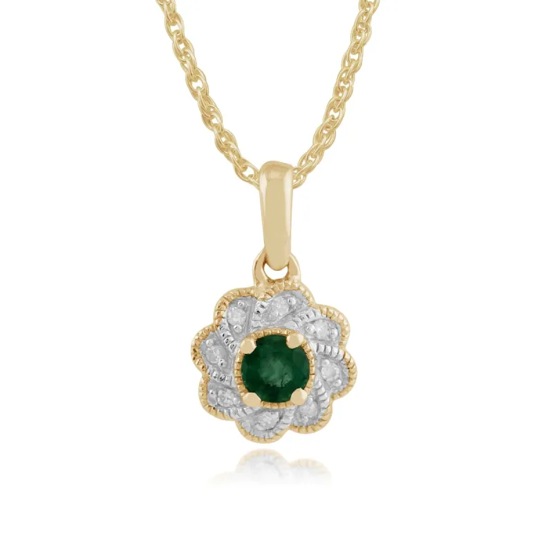 Gemondo 9ct Yellow Gold 0.20ct Emerald & Diamond Floral Pendant on 45cm Chain sold by Gemondo Jewellery
