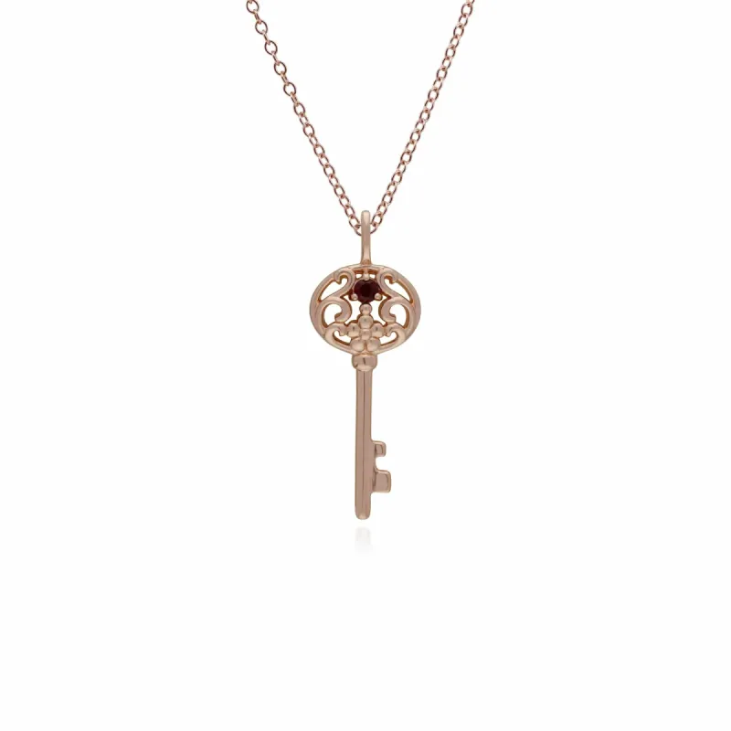 Rose Gold Plated Sterling Silver Garnet Big Key Charm sold by Gemondo Jewellery