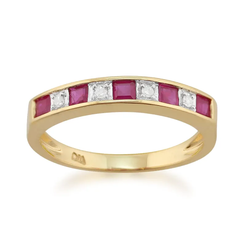 Classic Square Ruby & Diamond Half Eternity Ring in 9ct Yellow Gold sold by Gemondo Jewellery
