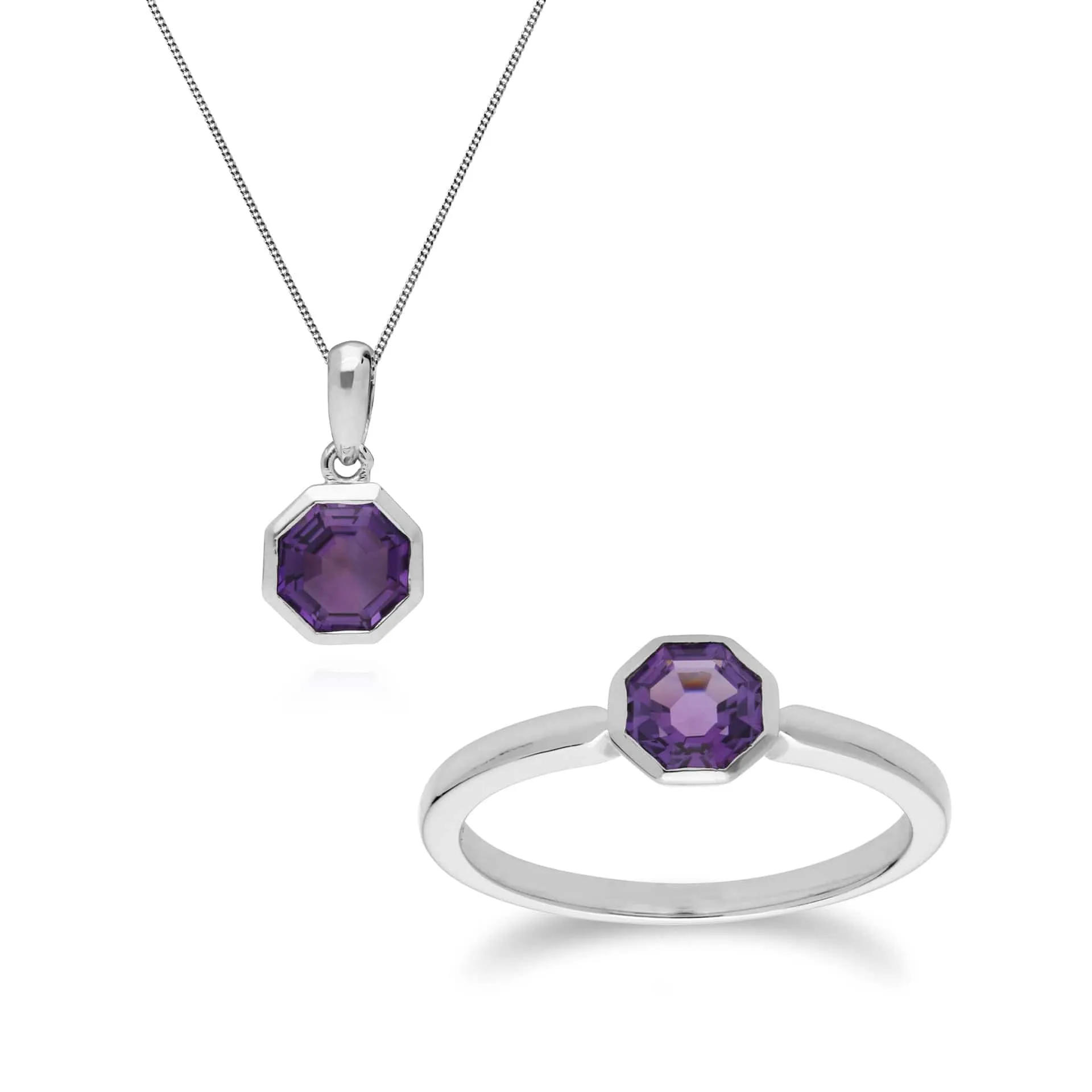 Geometric Octagon Amethyst Bezel Pendant & Ring Set in 925 Sterling Silver sold by Gemondo Jewellery