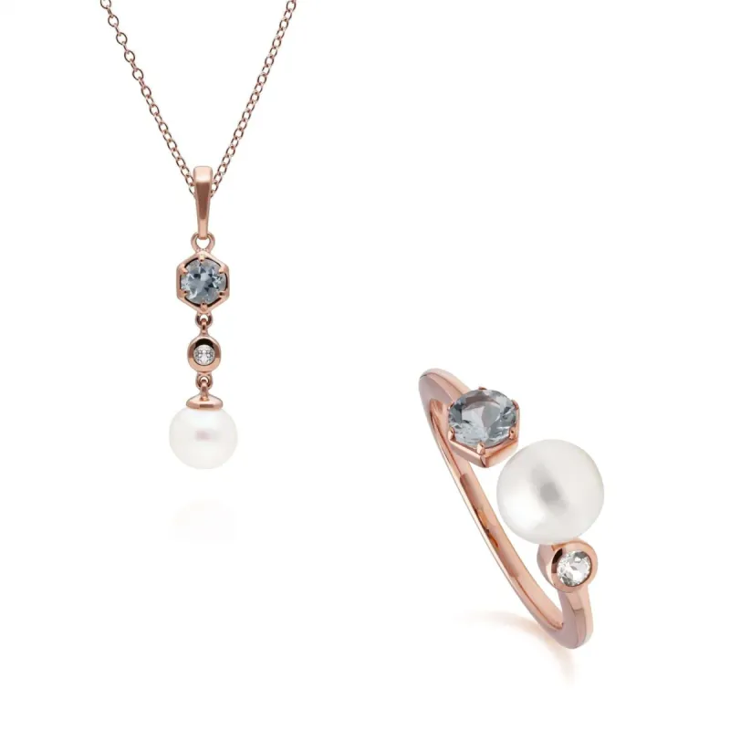 Modern Pearl, Aquamarine & Topaz Pendant & Ring Set in Rose Gold Plated Silver sold by Gemondo Jewellery
